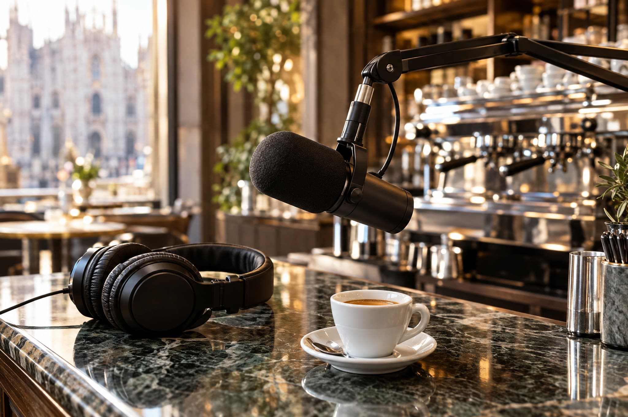 Microfono da studio, cuffie ed espresso sul bancone di un bar milanese