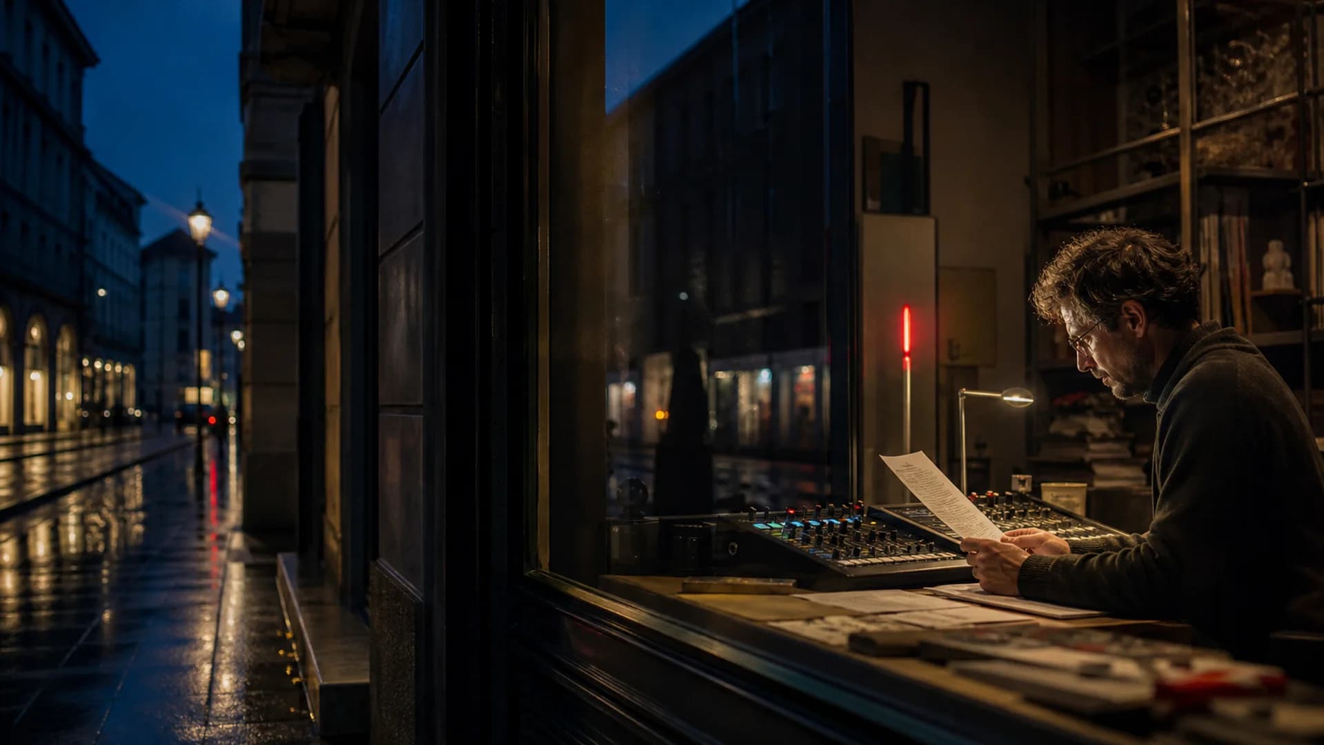Visual editoriale notturno di una redazione radio