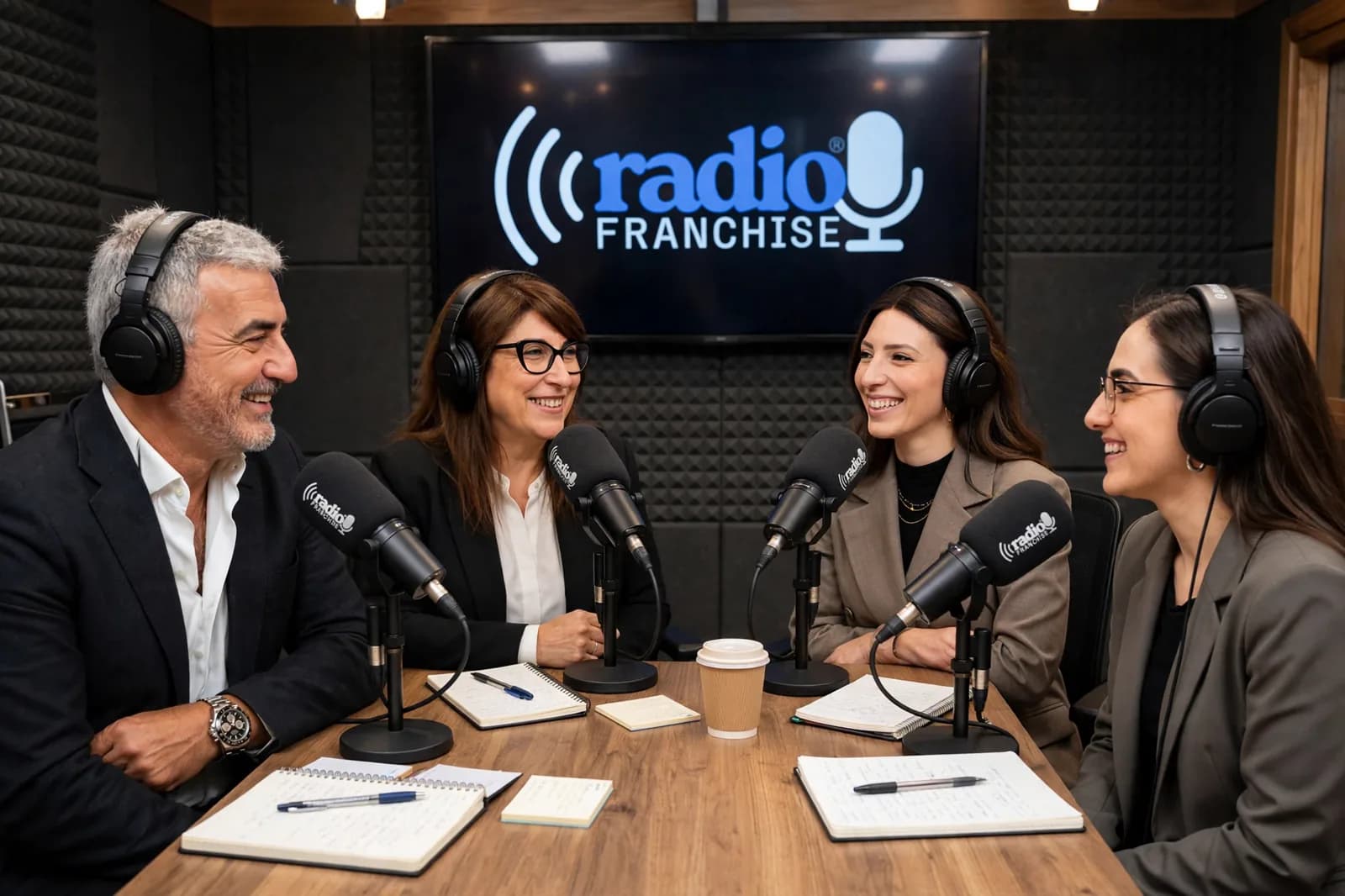 Quattro conduttori dialogano ai microfoni nello studio di Radio Franchise